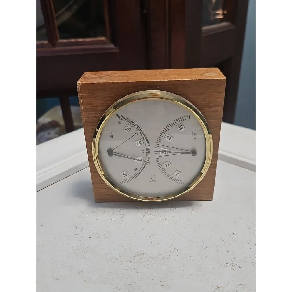 Lufft Vintage Wooden Brass Accent Hygrometer and Thermometer